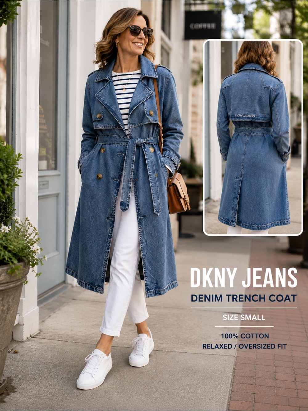 DKNY Jeans Denim Trench Coat Small | Belted Double Breasted 100% Cotton NWOT